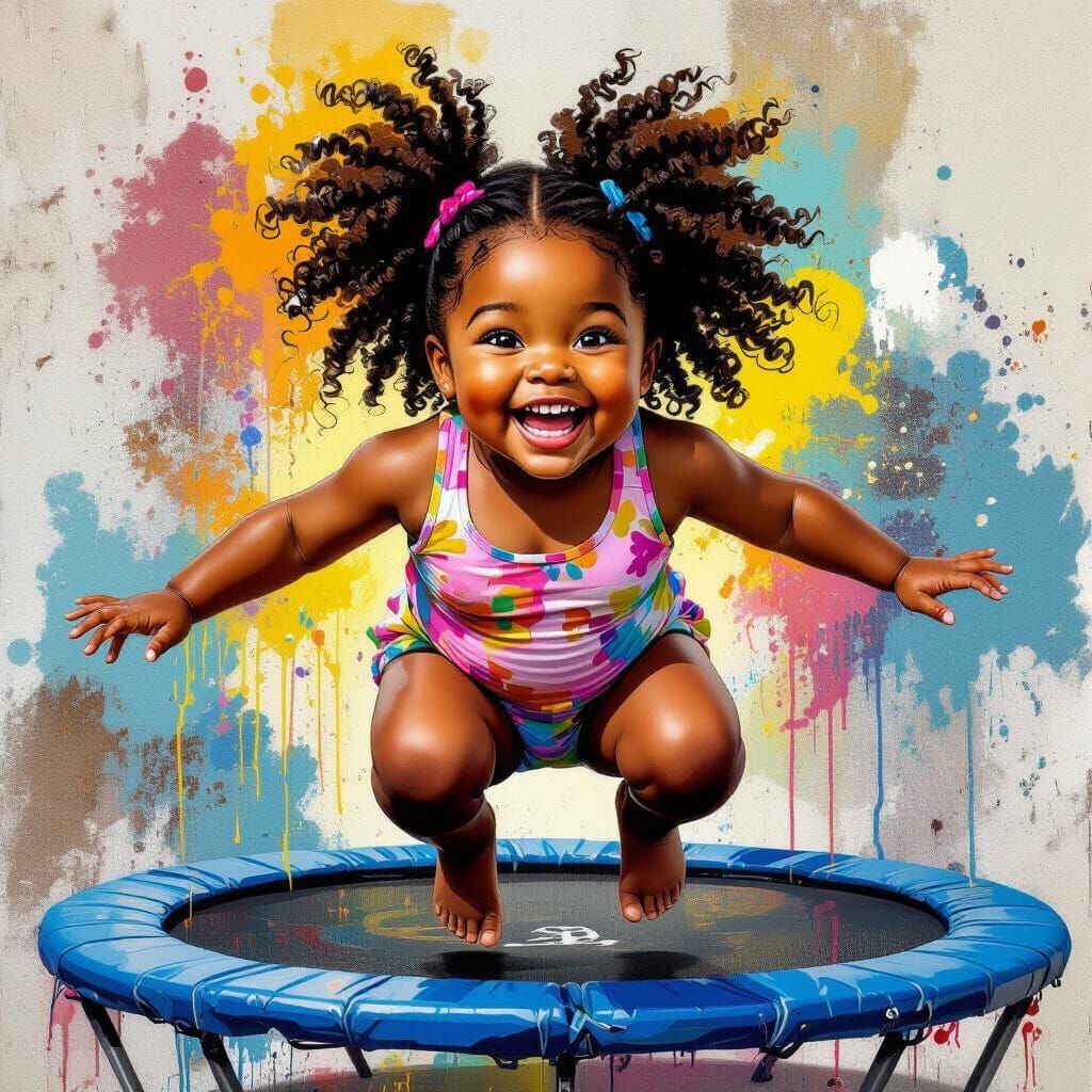 Joyful Girl Bouncing High: Graffiti Art Style