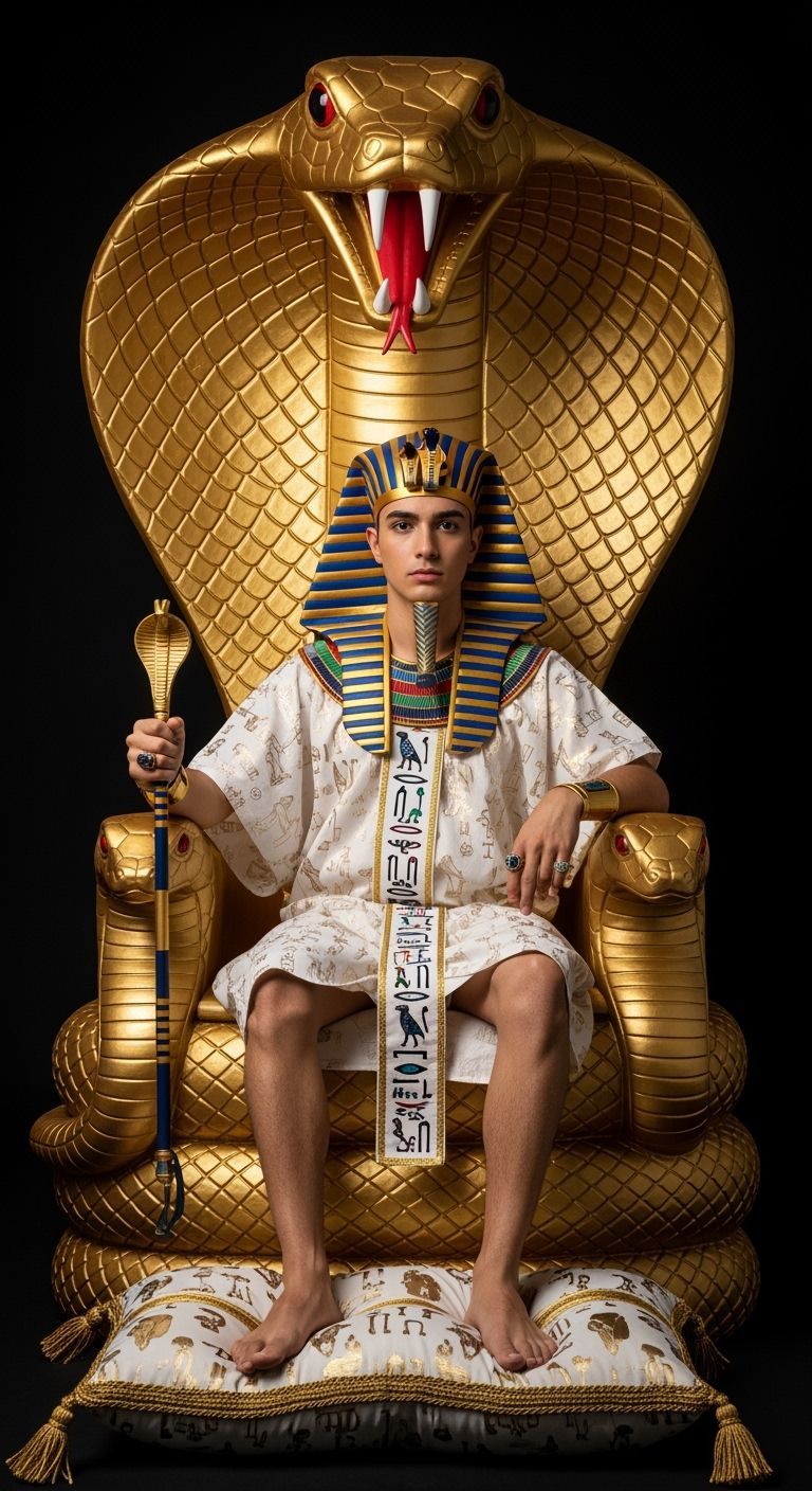 Young Pharaoh on Golden Cobra Throne, Professional Photograp...