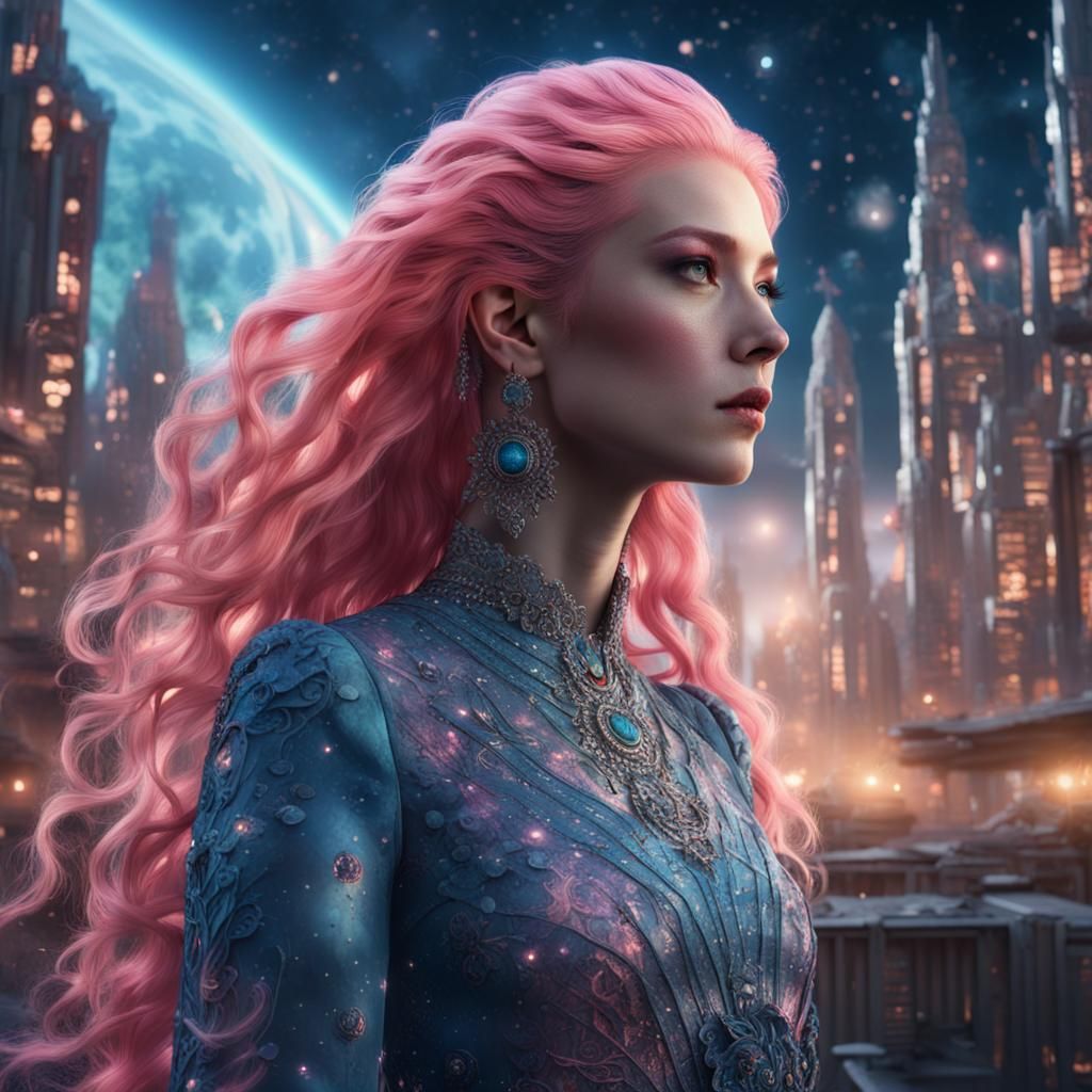 Woman with Pink Hair in Sci-Fi Cityscape