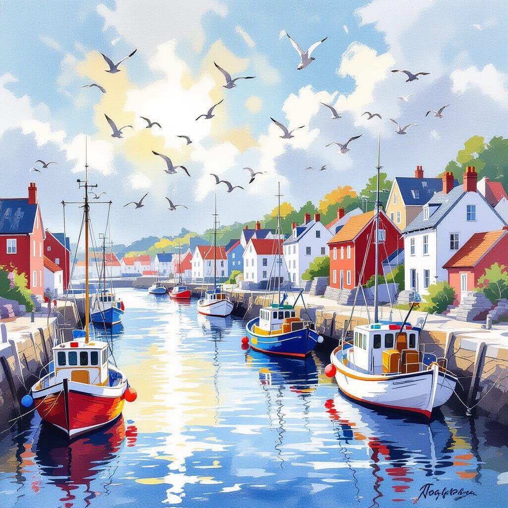 Sun-Drenched Harbour with Fishing Boats: Watercolor Style