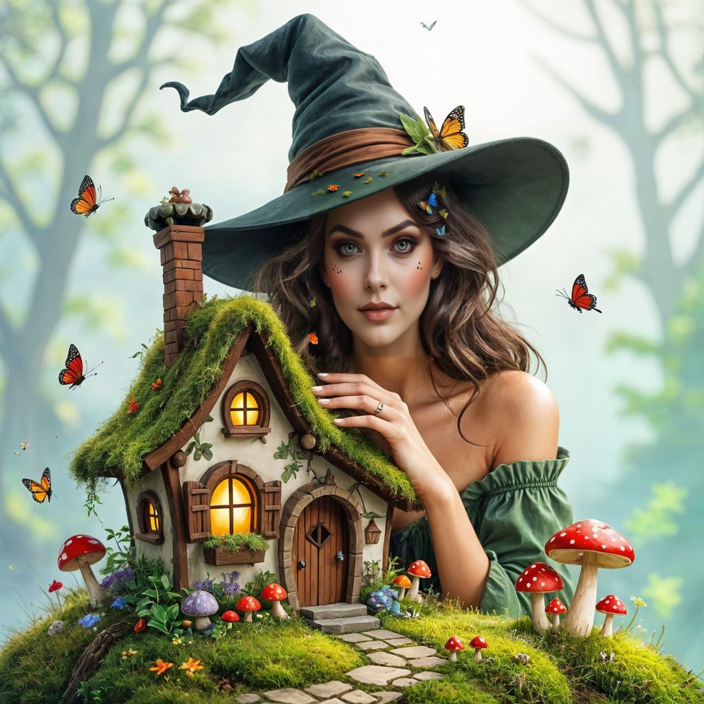 Woman with Mushroom House Hat and Butterflies