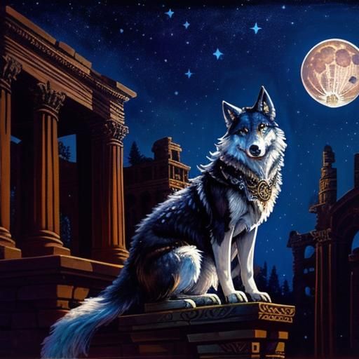 Steampunk Wolf Under Starry Night Sky