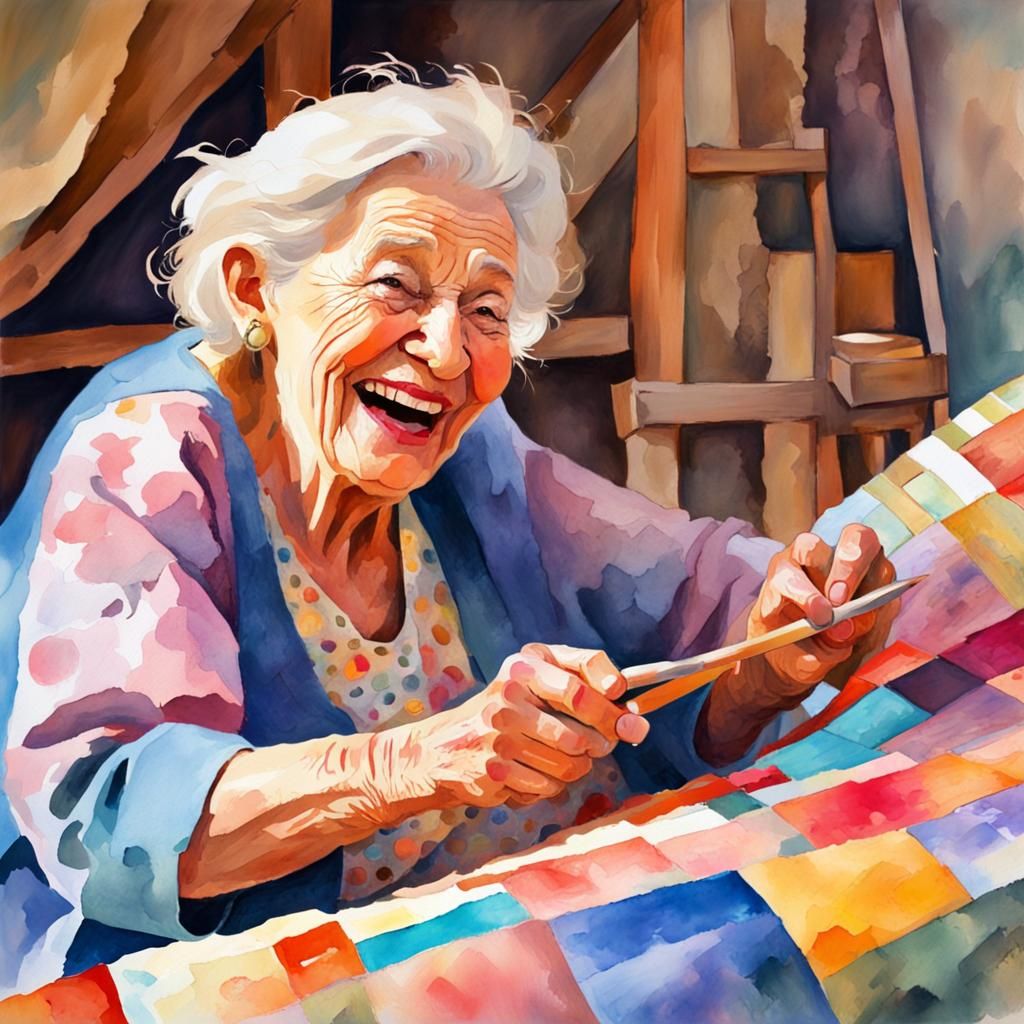 Laughing Women Make Patchwork Quilt in Impressionist Style