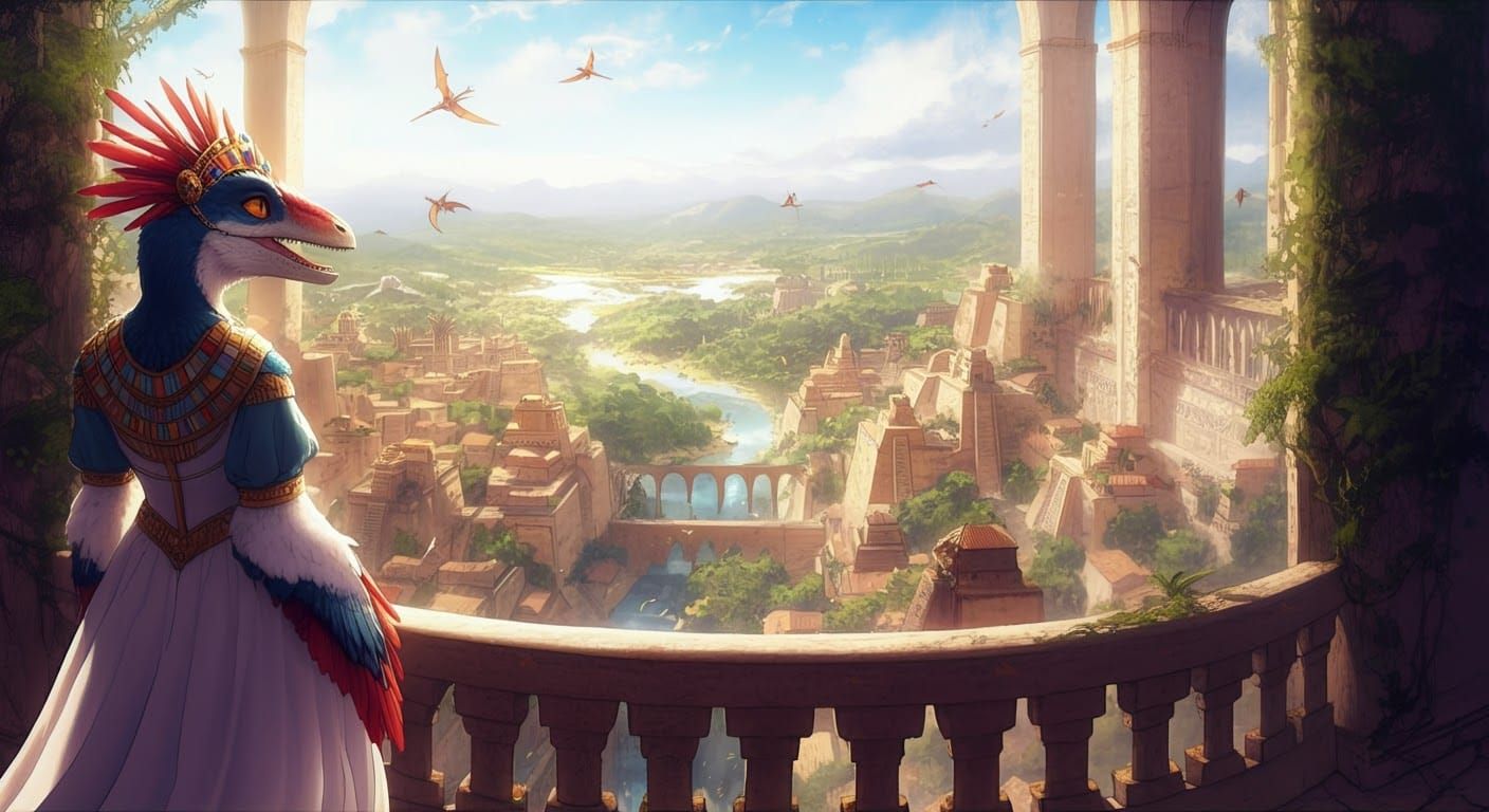 Princess Velociraptor Overlooking Aztec Cityscape