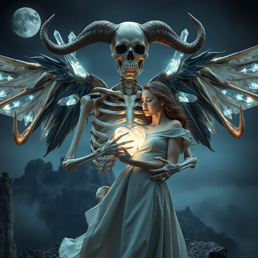 Skeleton's Tender Embrace with Woman, Crystal Shards & Ether...