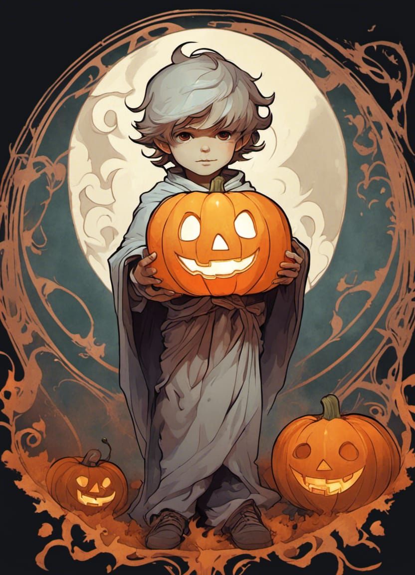 Adorable Ghost Boy with Halloween Pumpkin Lantern