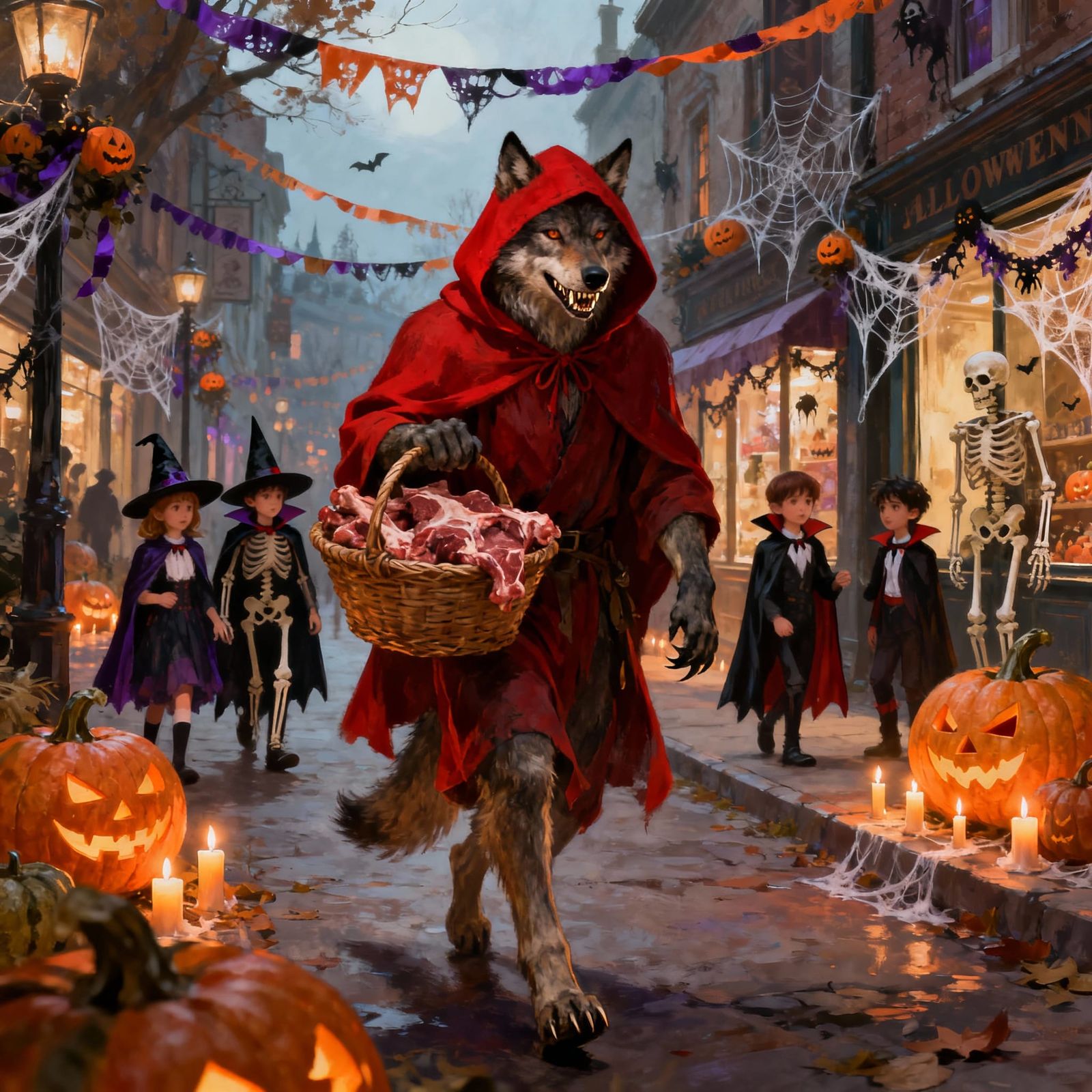 Wolf in Red Riding Hood Costume Smirks with Meat Basket on H...