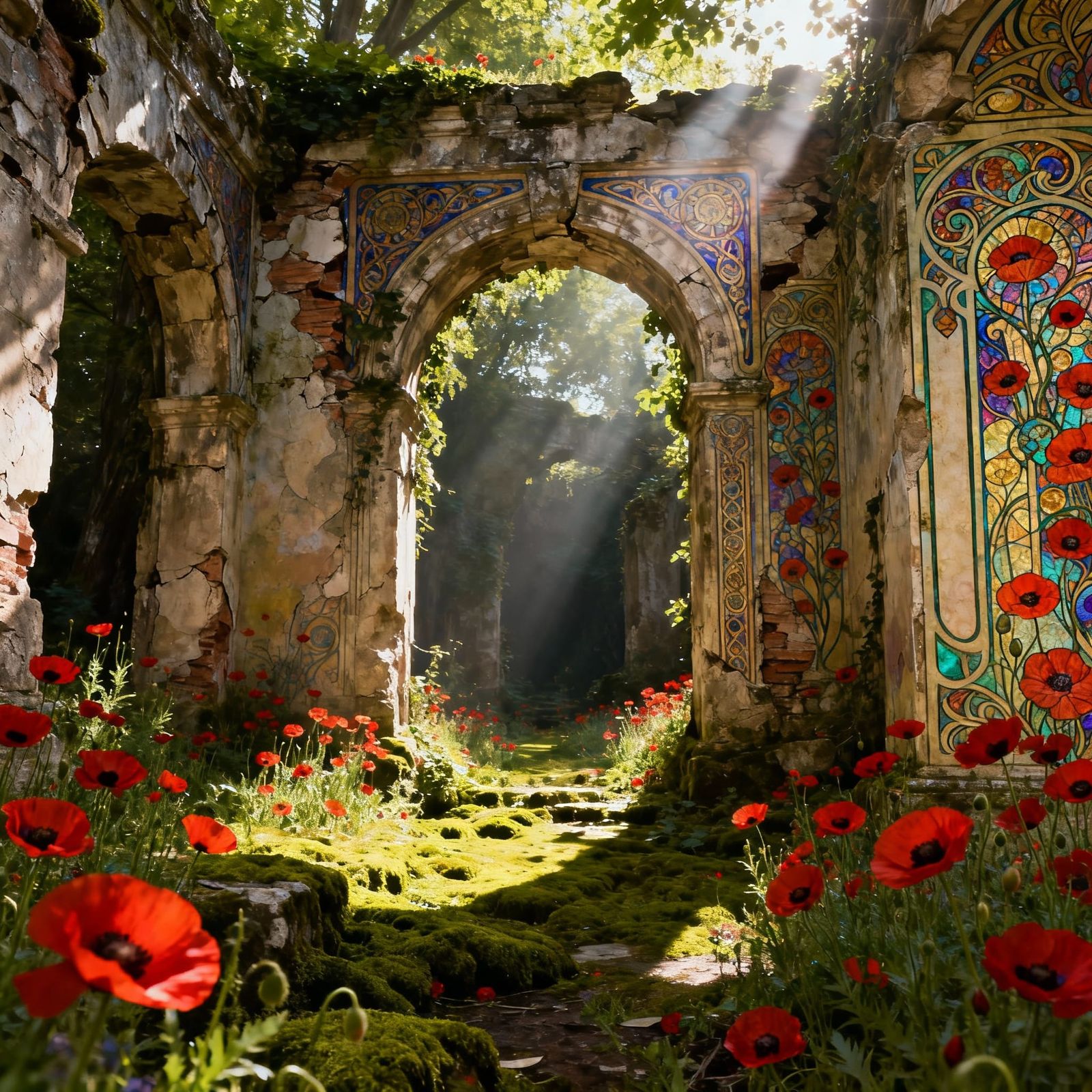 Ancient Archway Gateway to Forgotten Realm with Poppies