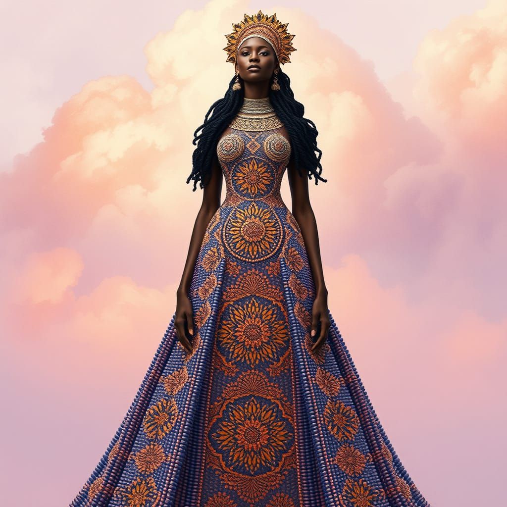 Goddess in Maximalist Beadwork with Watercolor Sky