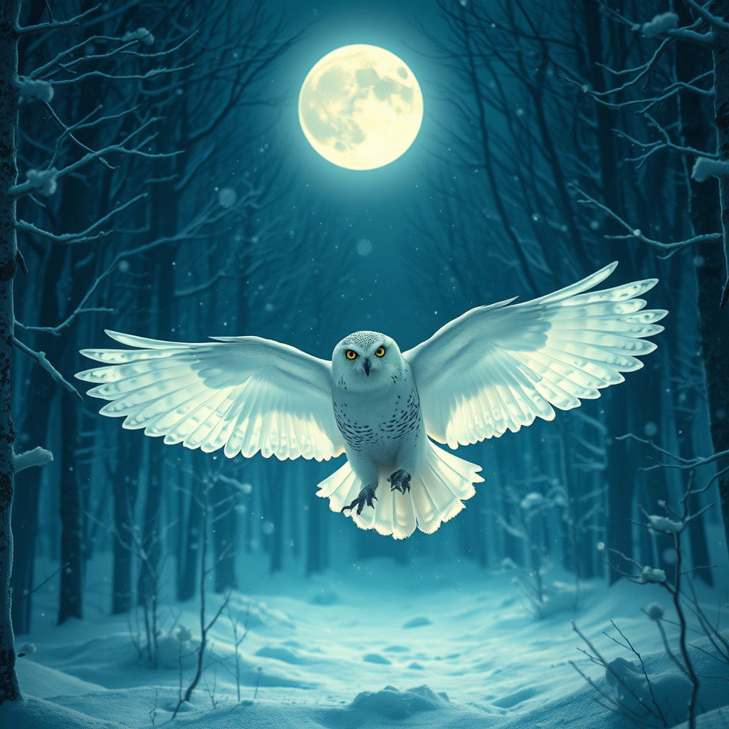 White Owl Flight in Moonlit Snow, Fantasy Art