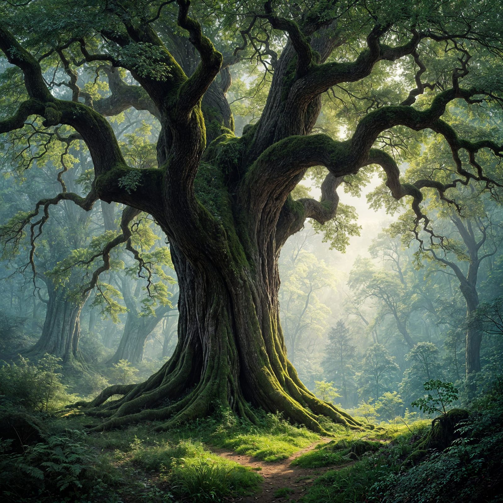 Wise Old Tree in Misty Forest, Hudson River School Style