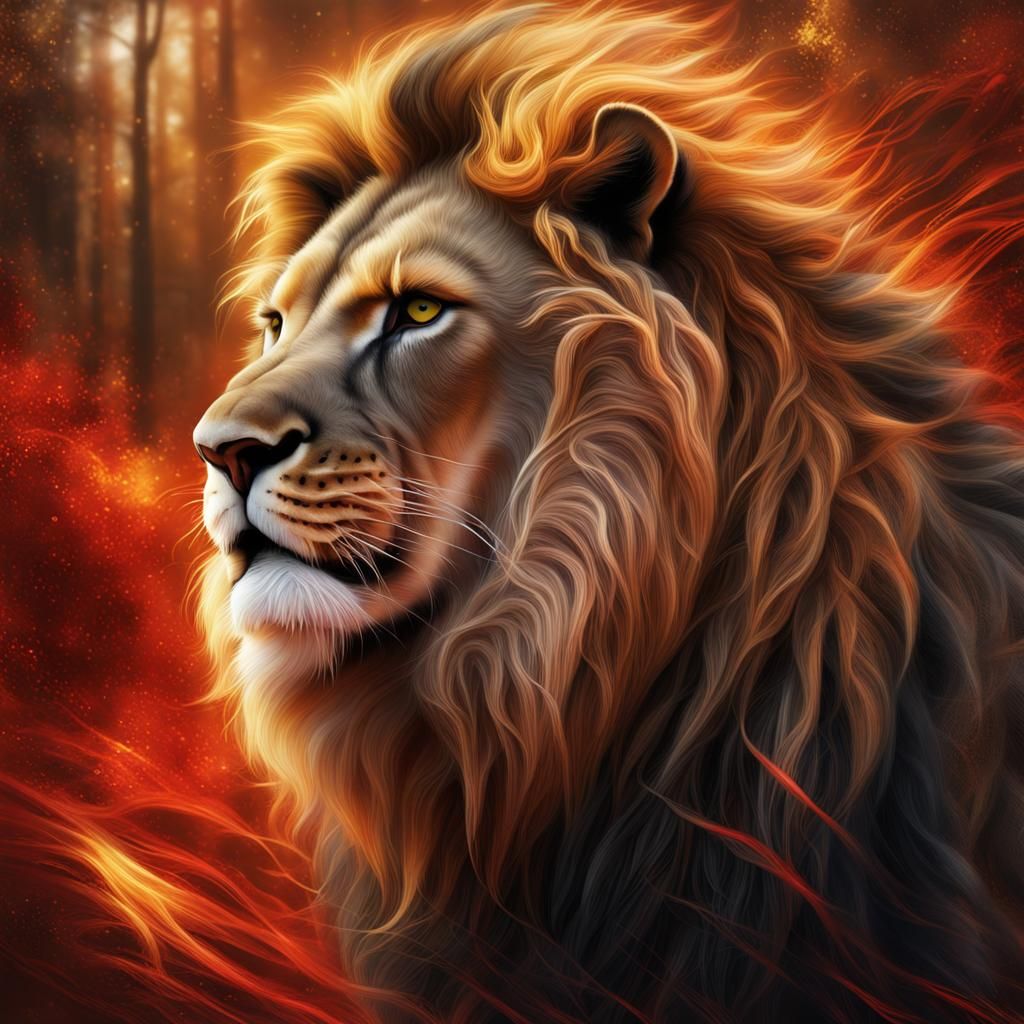 Golden Lion Roaring in Starry Forest, Matte Painting