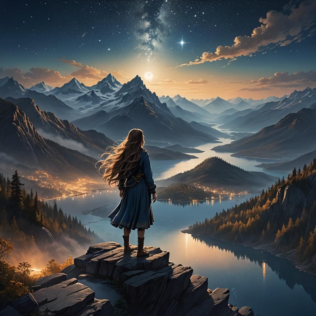 Girl Gazing at Starry Sky: Matte Painting Style