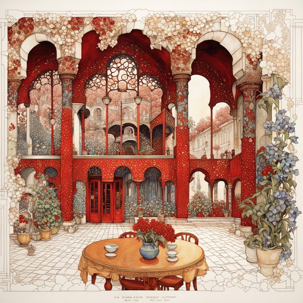 Harmonious Nouveau Architecture in Crimson Jewel Tones