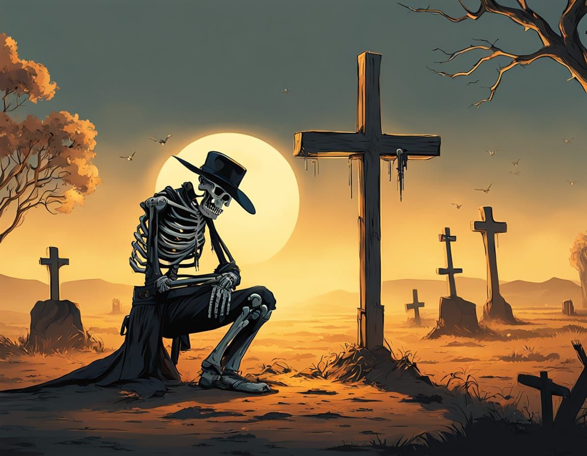 Skeleton Cowboy Kneels in Graveyard