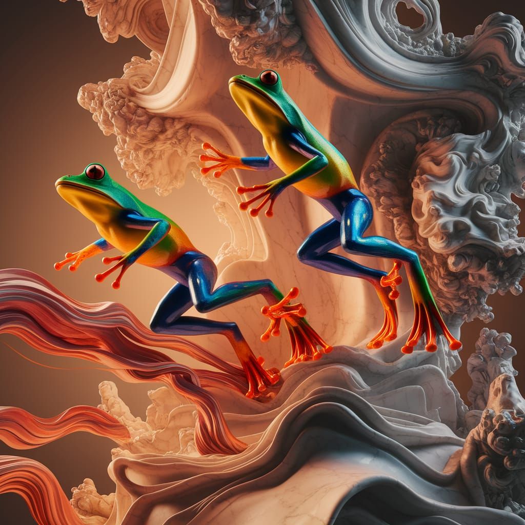 Baroque Sculpture with Leaping Tree Frogs in Marble