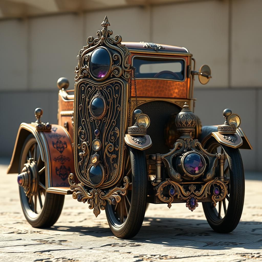 Ornate Vintage Flivver with Copper and Gemstones
