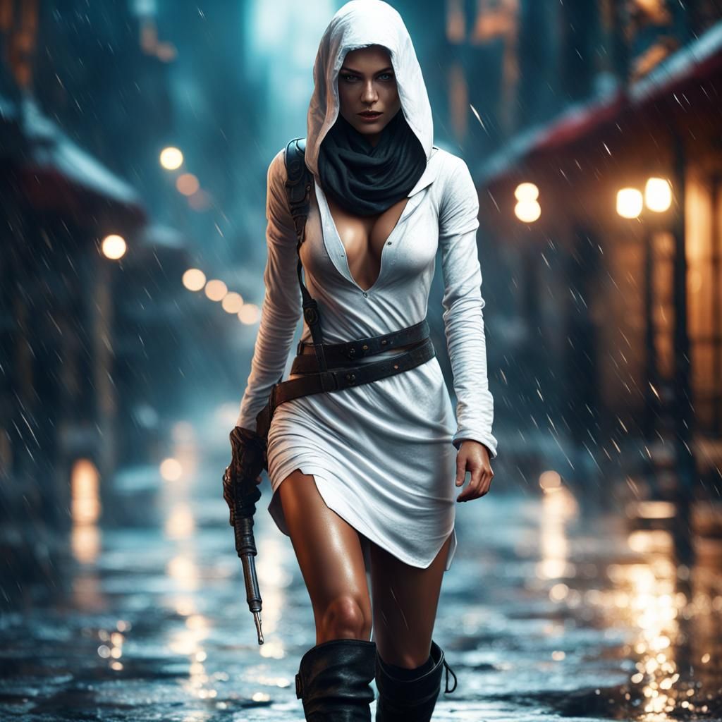Tanned Rogue in White Dress on Wet Street