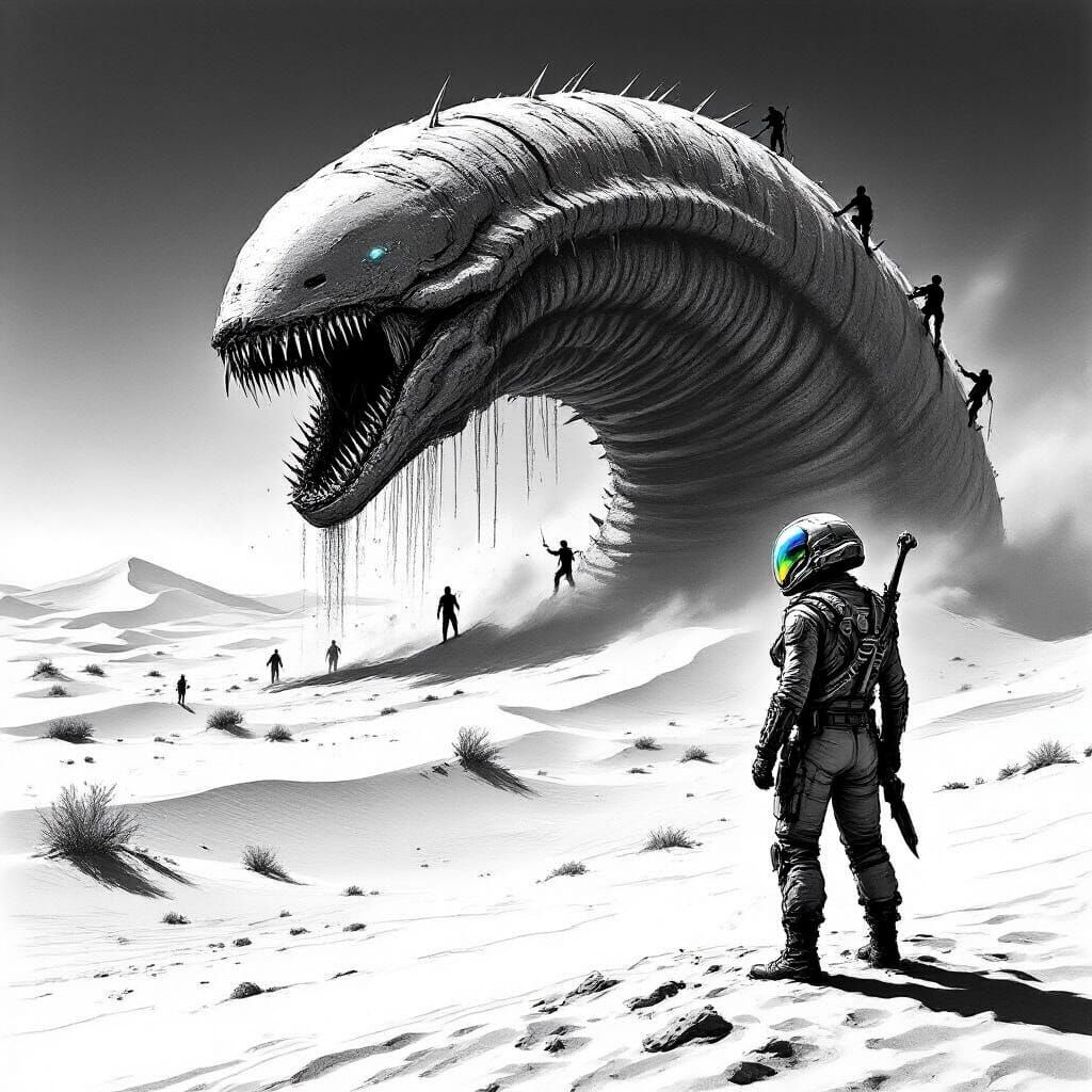 Sandworm Riders in Desert Landscape Pencil Sketch