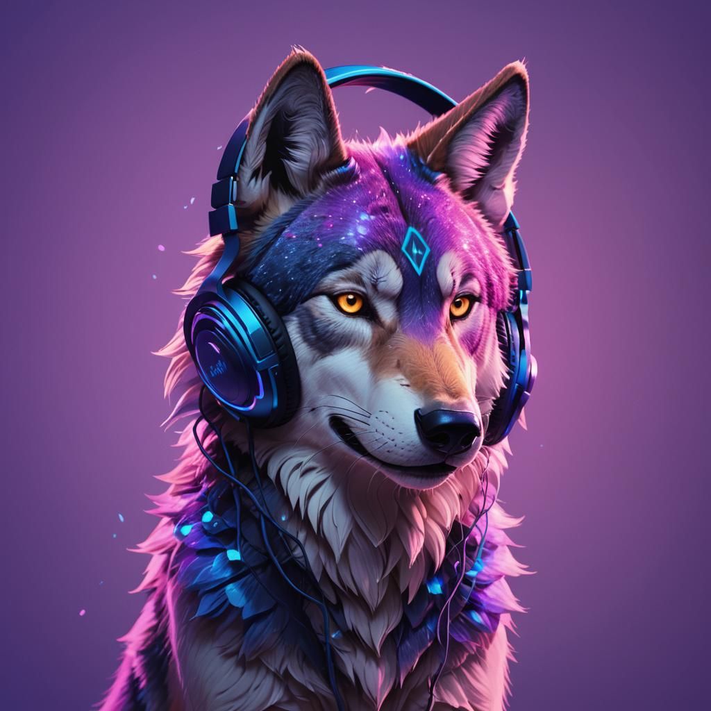 Photorealistic Wolf DJ with Neon Headphones