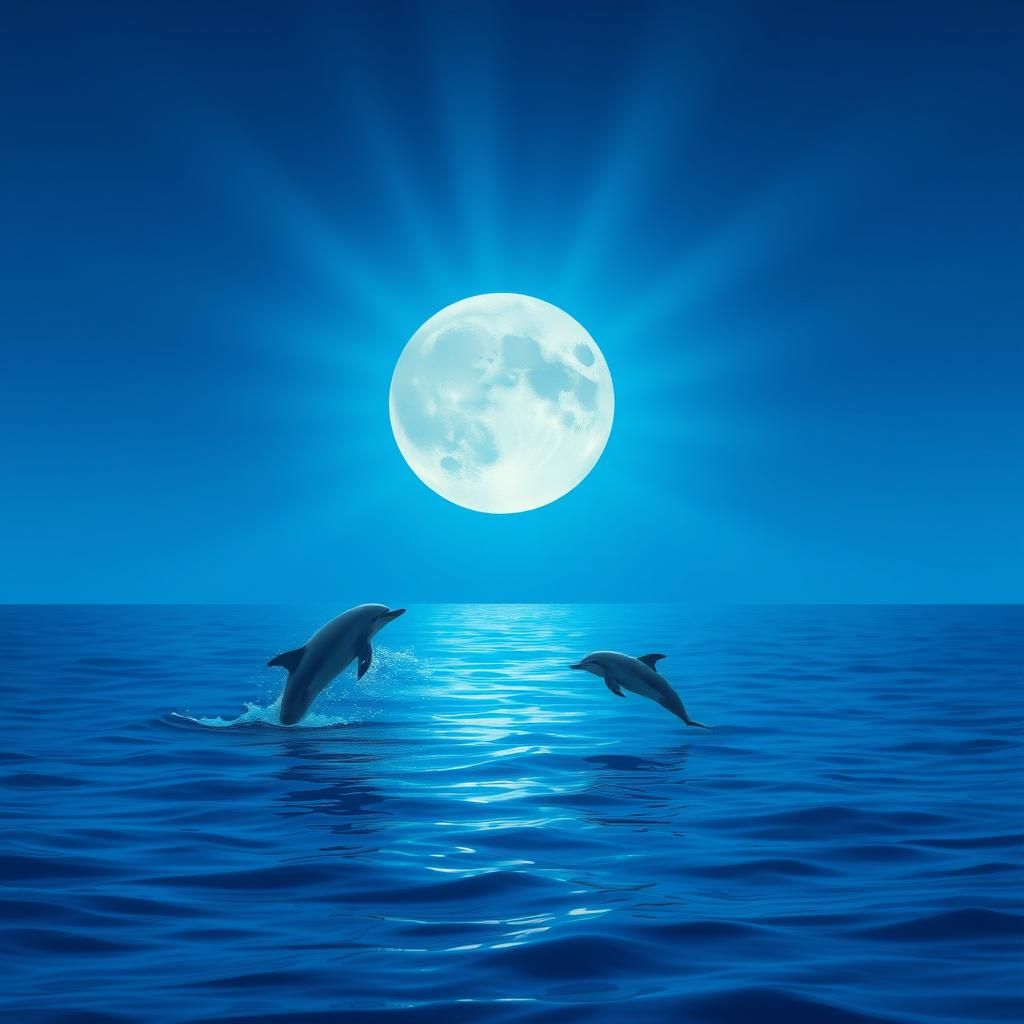 Dolphins Leaping Under Moonlight in Dreamy Ocean