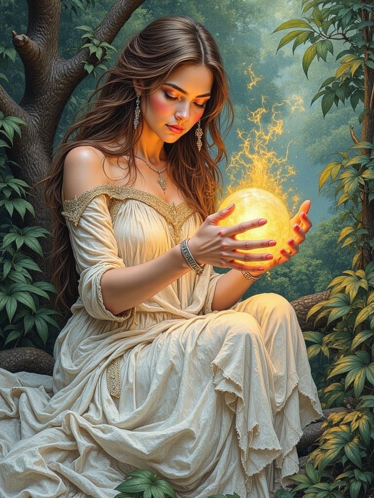 Enchantress in Dreamlike Whimsy, with Intricate Patterns and...