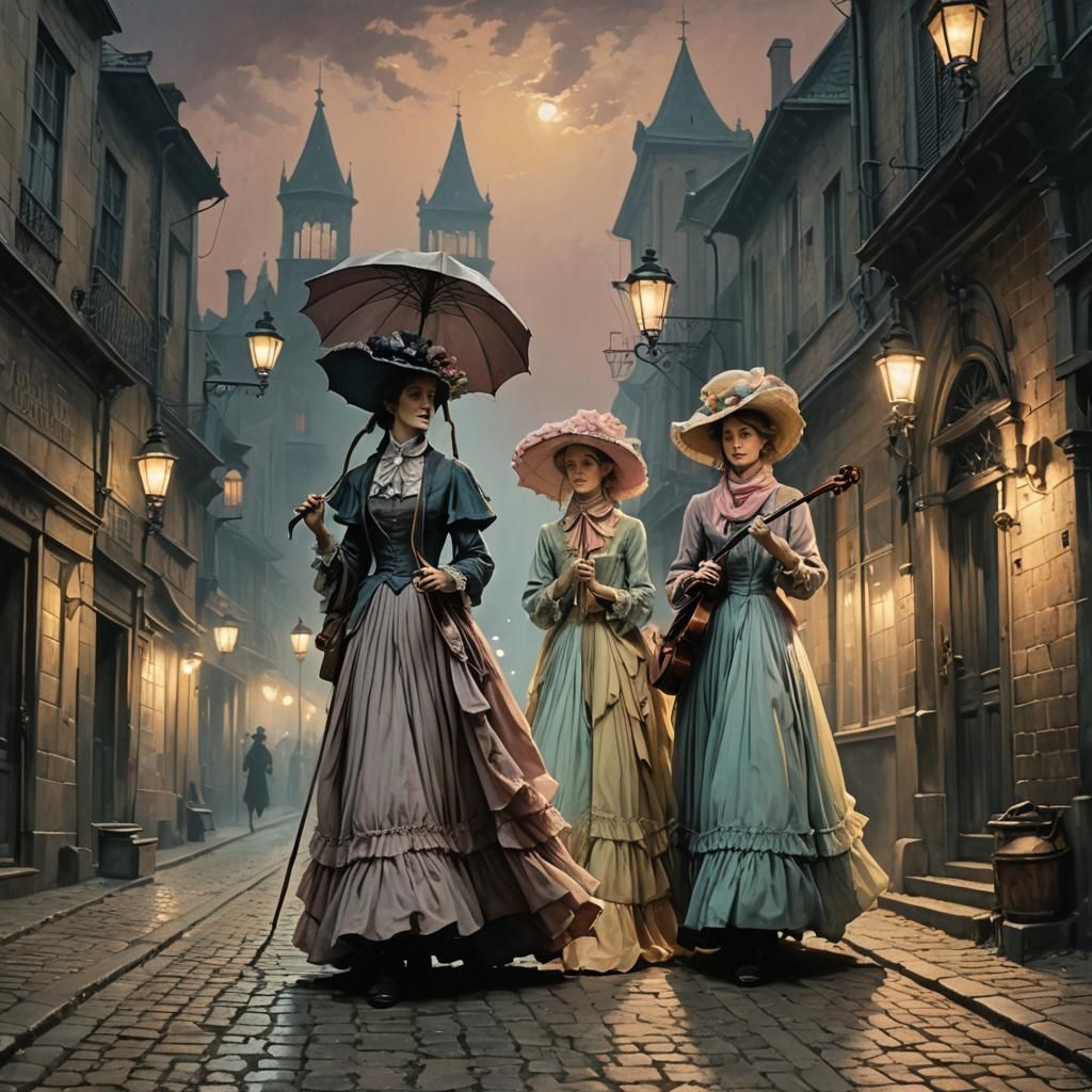Victorian Ladies Stroll Down Cobblestone Alley