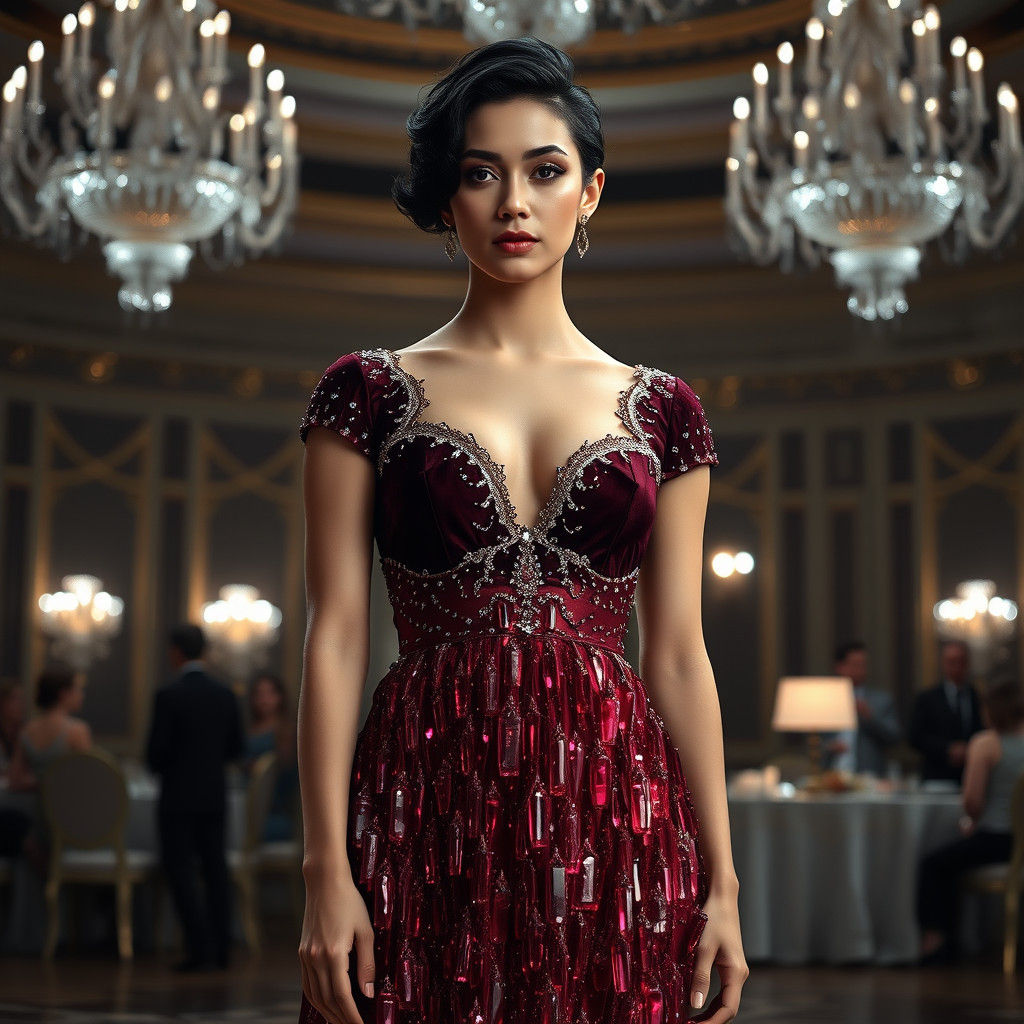 Woman in Crystalline Dress in Opulent Ballroom