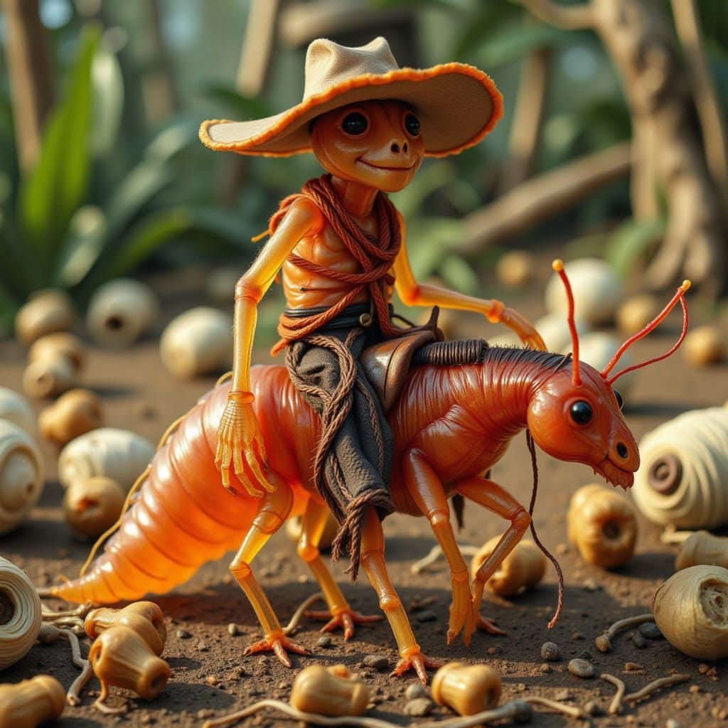 Microscopic Cowboy Ant Rides Mealworm in Yarn Style