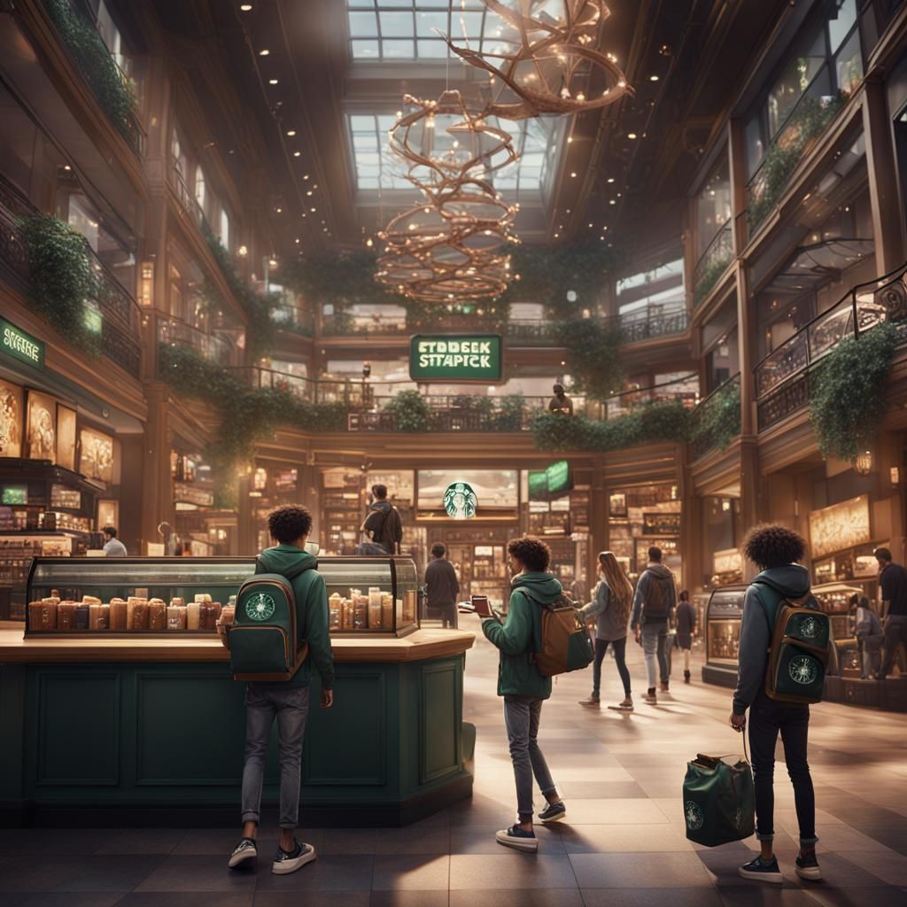 Teenagers with Starbucks at the Mall