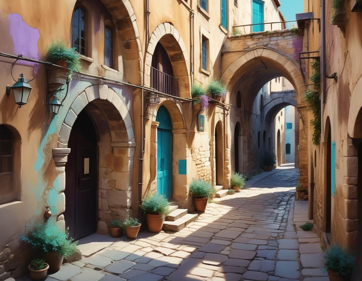 Vibrant Impressionistic Cityscape with Ancient Architecture