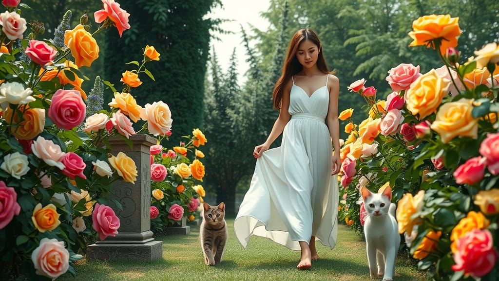 Rose Garden Dream: Asian Woman with Cats in Art Nouveau Styl...
