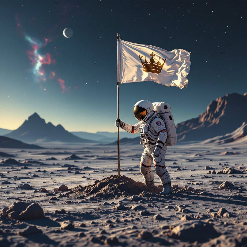 Astronaut Plants Flag on Alien World in Digital Painting