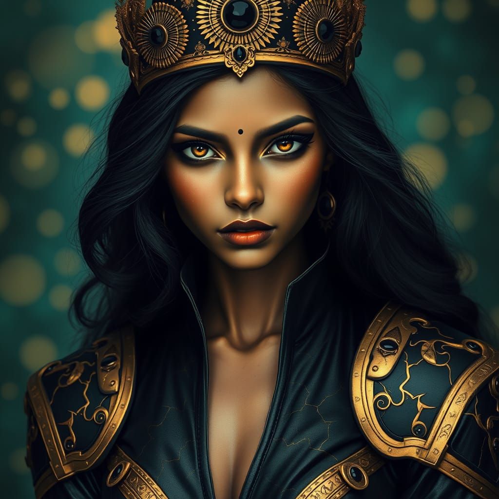Dark Fantasy Indian Goddess with Kintsugi-Inspired Cracks