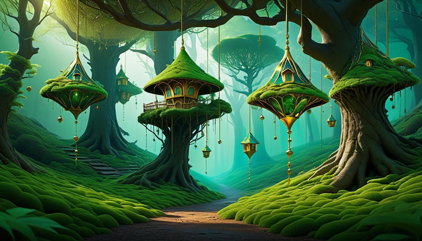 Kintsugi Moss Fairy Houses in Ethereal Landscape