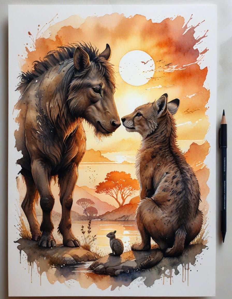 Unlikely Animal Friends in Watercolour Sketch