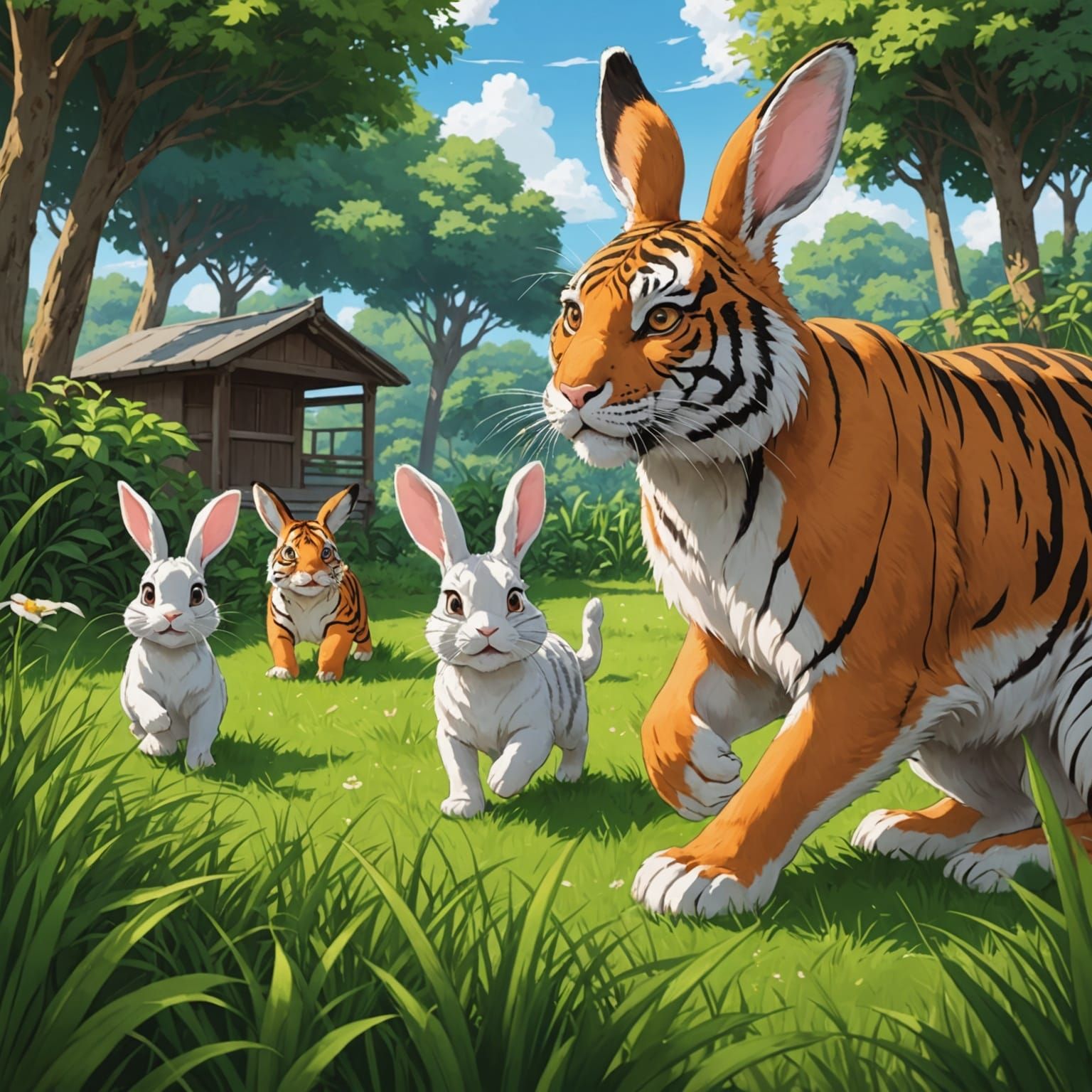 Bunny Family Encounter with Tiger in Anime Style