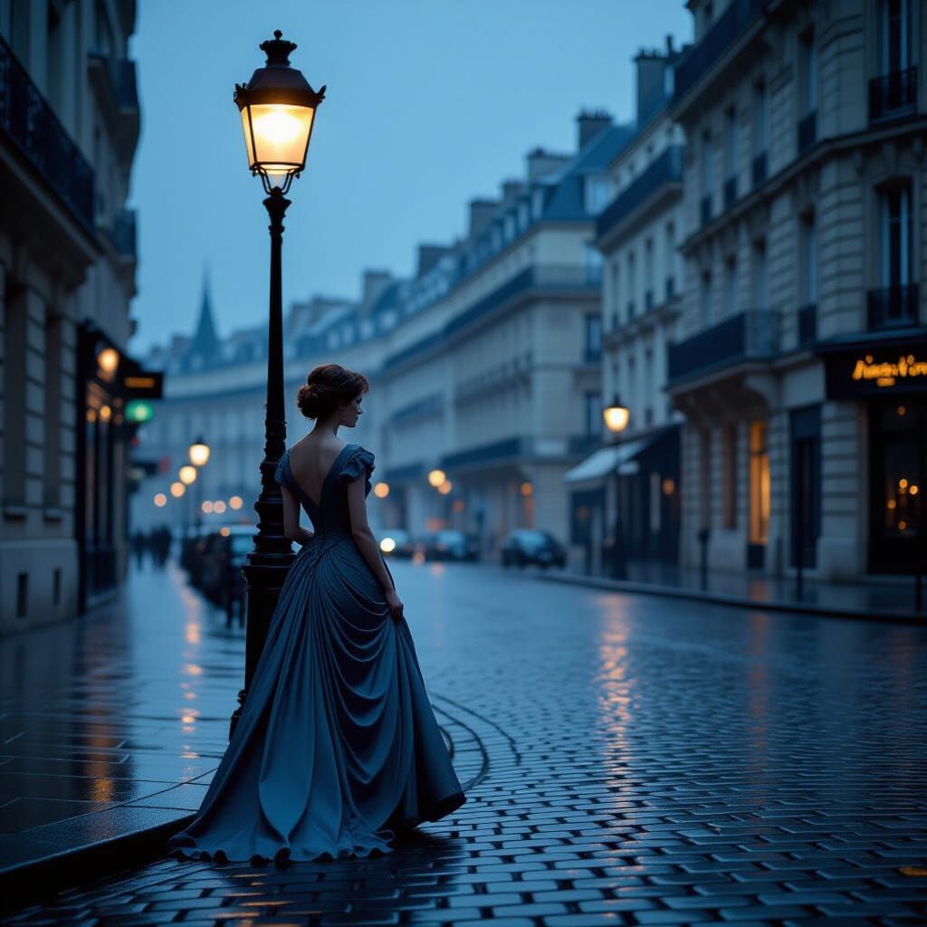 Solitary Woman on Twilight Paris Street in Vintage Gown