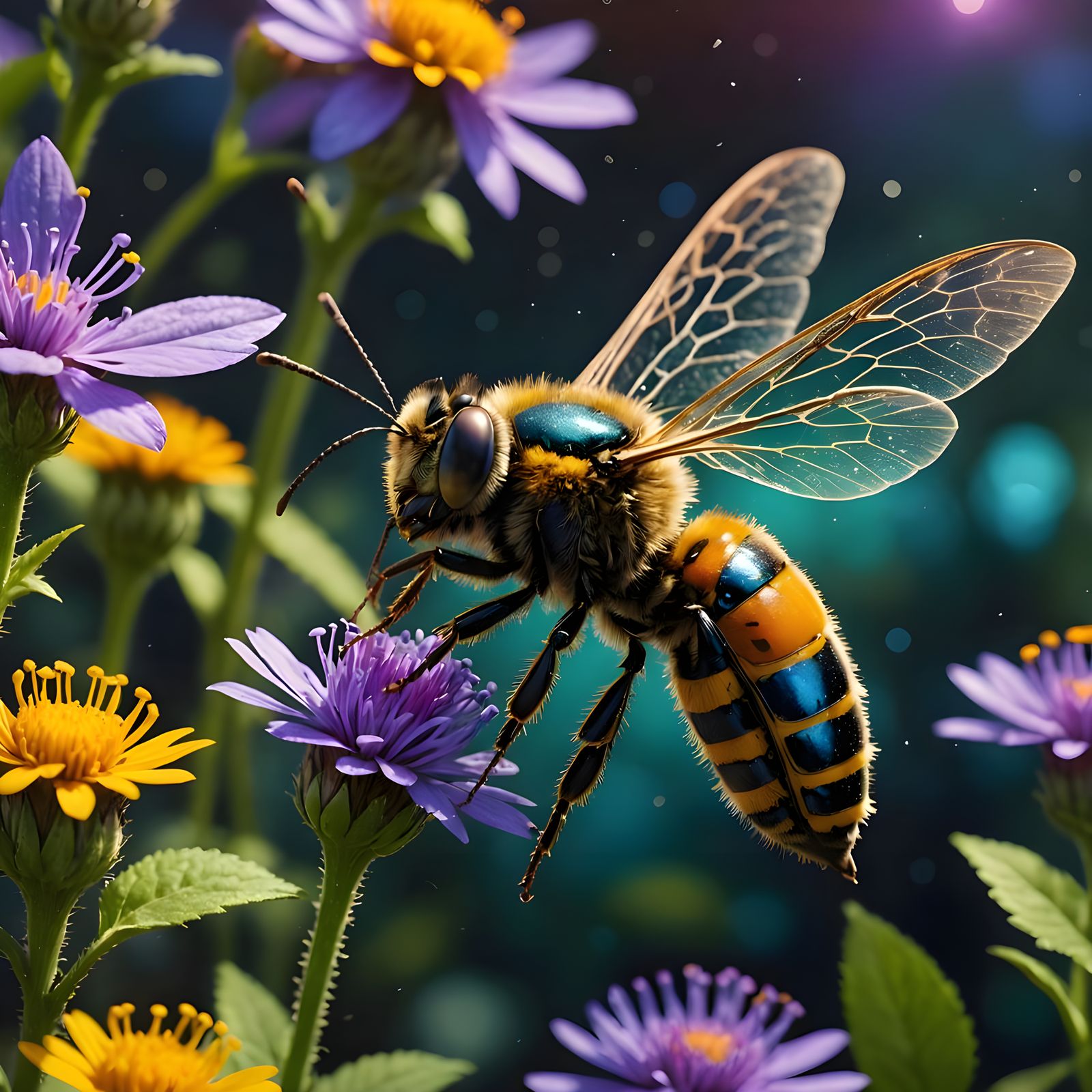 Pollinator Insects in Vibrant Cosmic Landscape