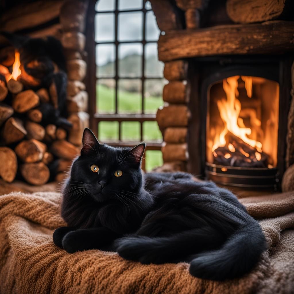 Black Cat Sleeping by Fireplace in Rustic Home