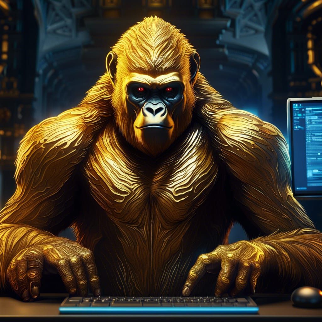 Golden Gorilla on Computer: Detailed Matte Painting