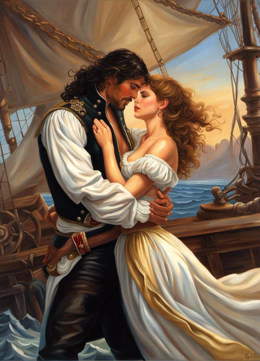 Pirate's Embrace: A Romantic Oil Painting at Sea