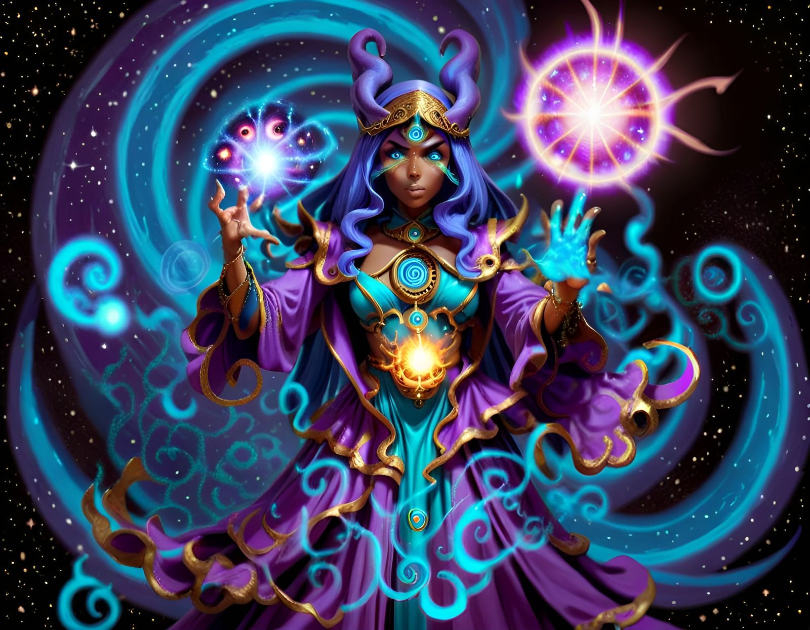 Spiral eyed djinn disguised as a female mage casting a cosmi...