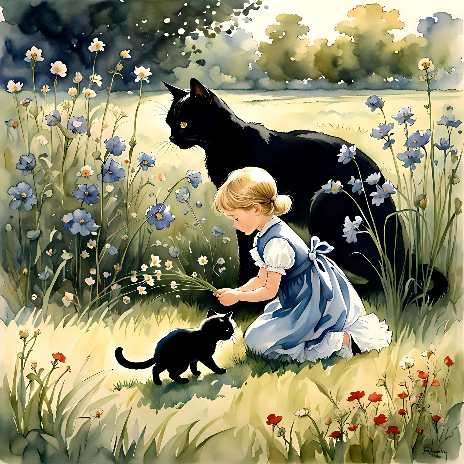 Child and Black Cat Picking Flowers, Romantic Watercolour