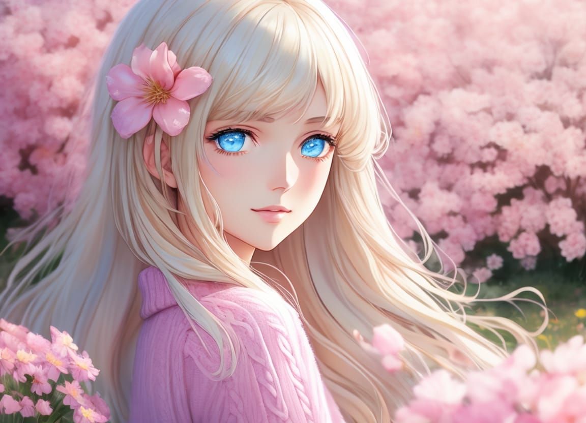 Anime Girl in Pink Flower Field: AI Generated