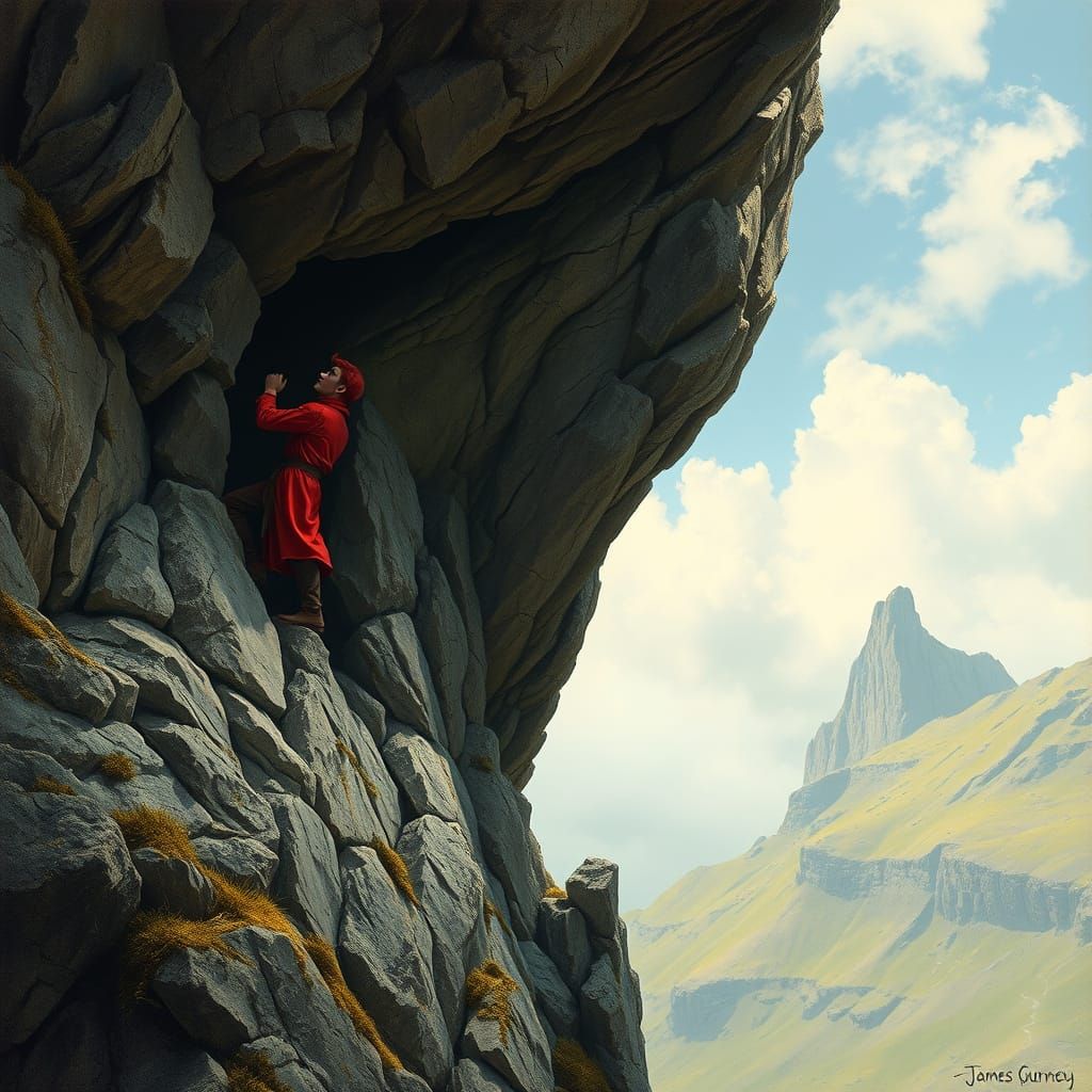 A cave in the face of a windswept lonely tor. A redheaded ma...