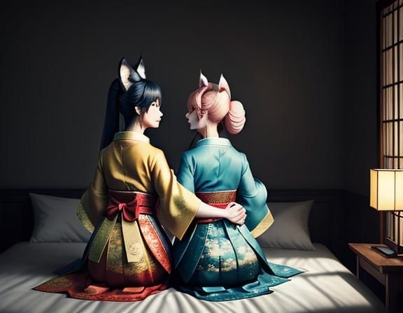 Romantic Kitsune Embrace in Manga Style