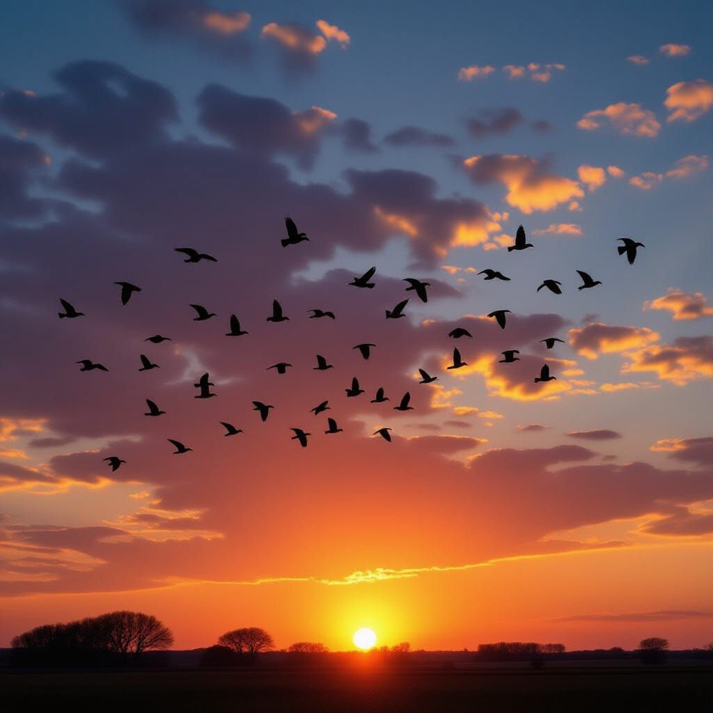 Vibrant Orange Sunset With Silhouetted Black Birds