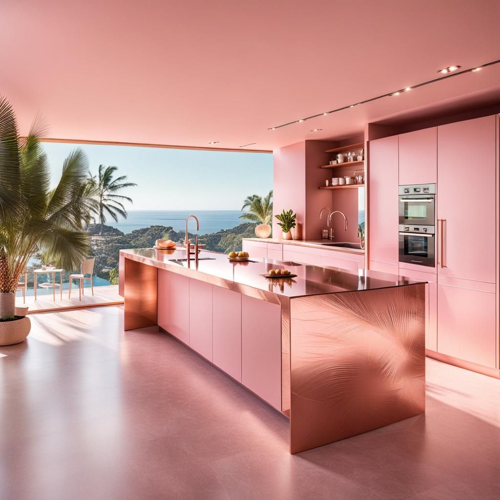 Pink Modern Kitchen with Rose Gold Counter, Mallorca View