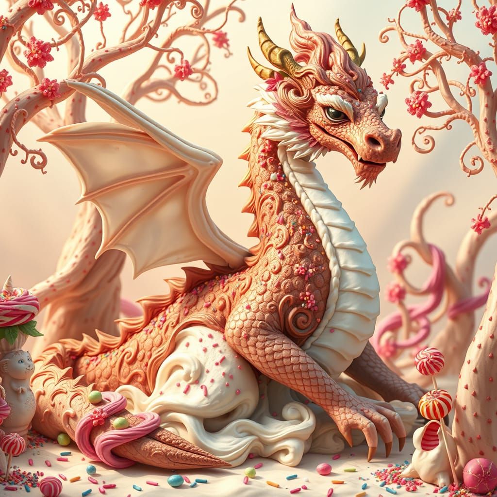 Majestic Ice Cream Dragon in a Whimsical Candy Realm